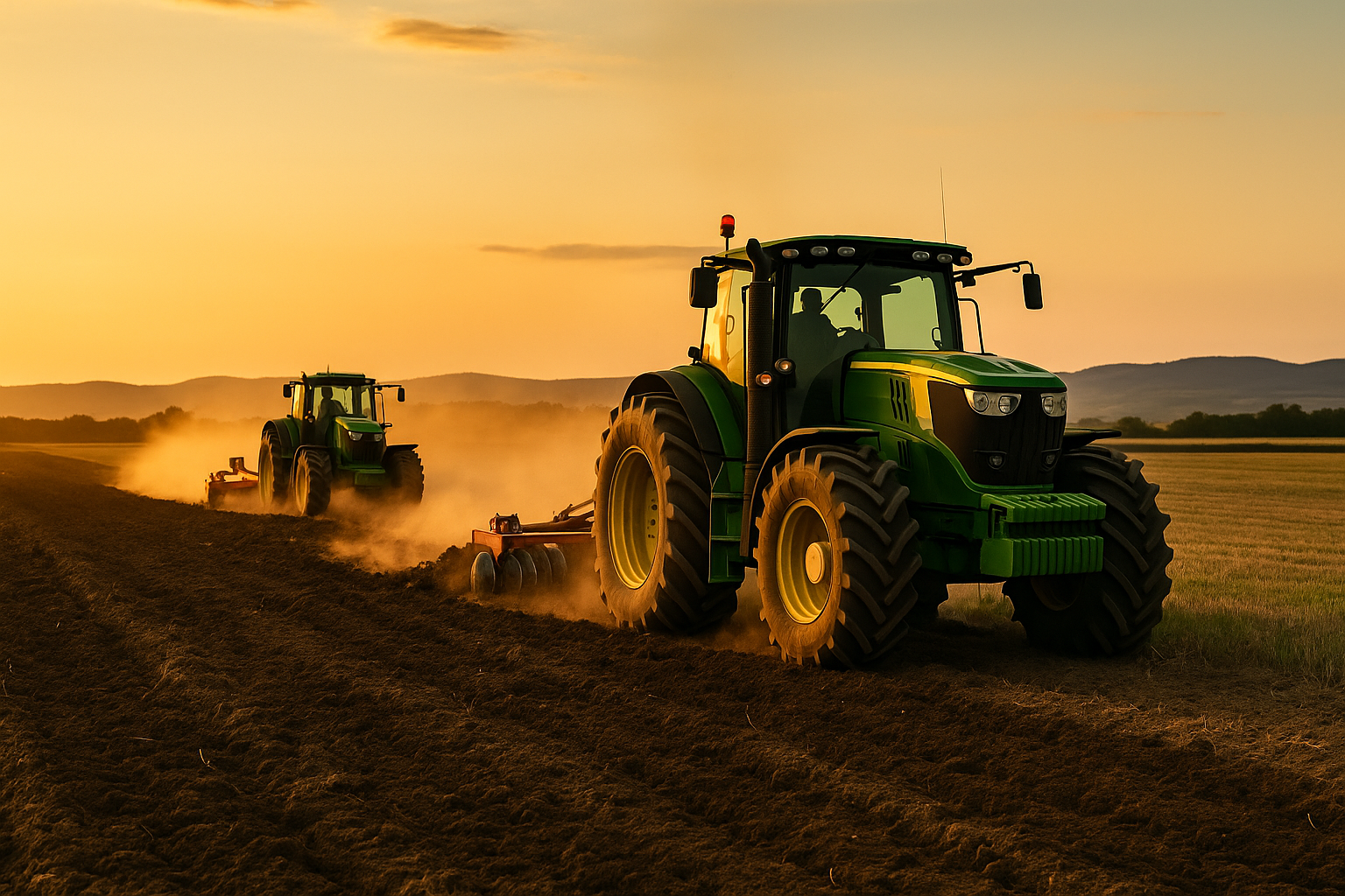 Tractores trabajando en un gran campo arando al atardecer